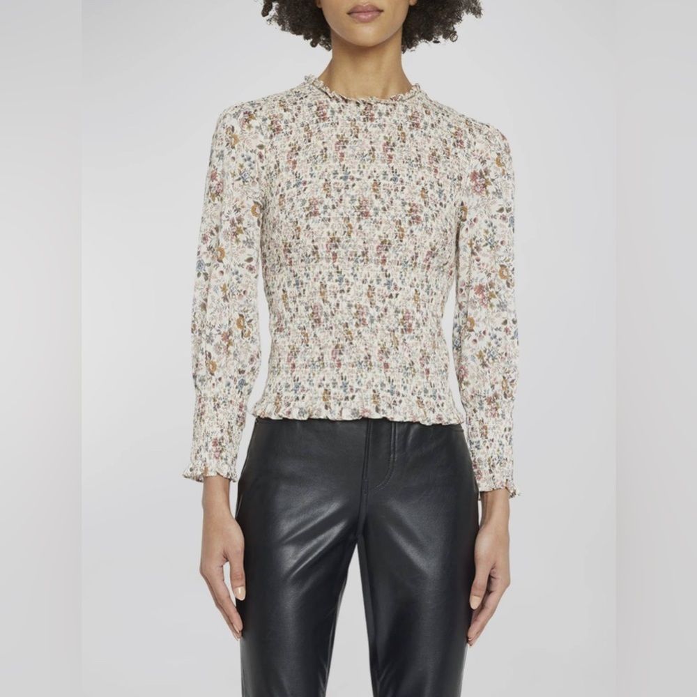 Veronica Beard Cream Ditsy Floral Smocked Blouse